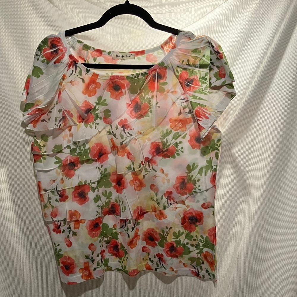 indigo soul White Floral Ruffle Sleeve Blouse with Orange-Red Poppies